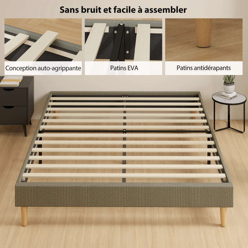 HOMCOM Cadre de lit 160 x 200 cm avec sommier à lattes en bois, lit double rembourré en velours côtelé, gris