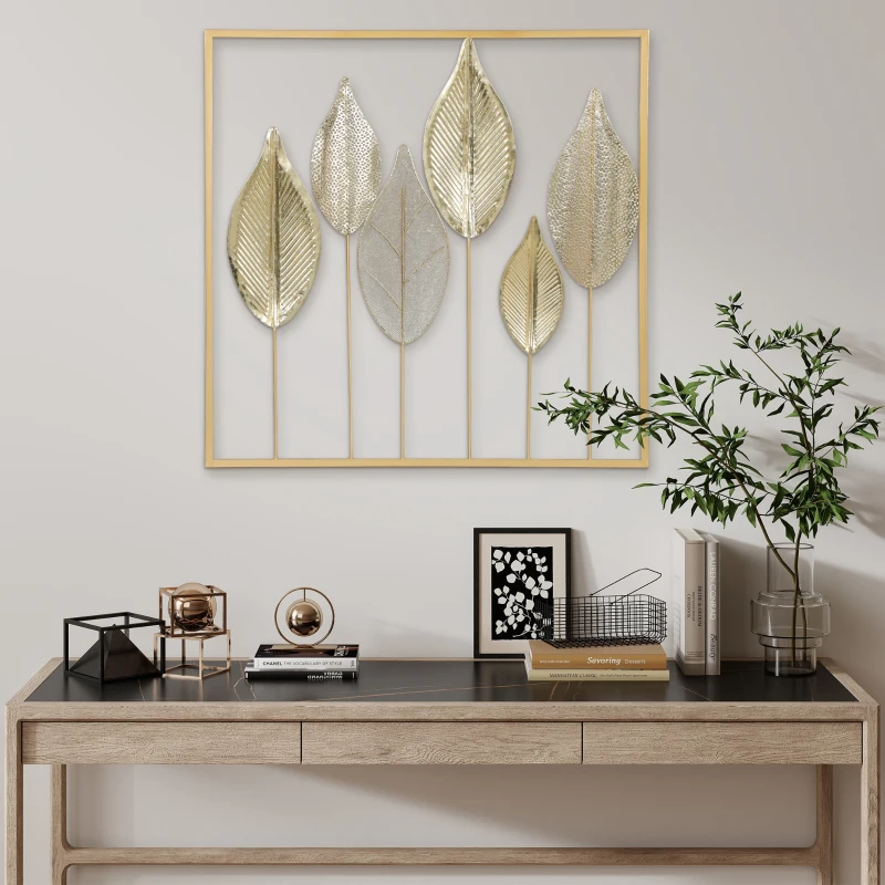 HOMCOM Metallrahmen mit Blattdesign, Wandschmuck, moderner Stil, Goldfarben