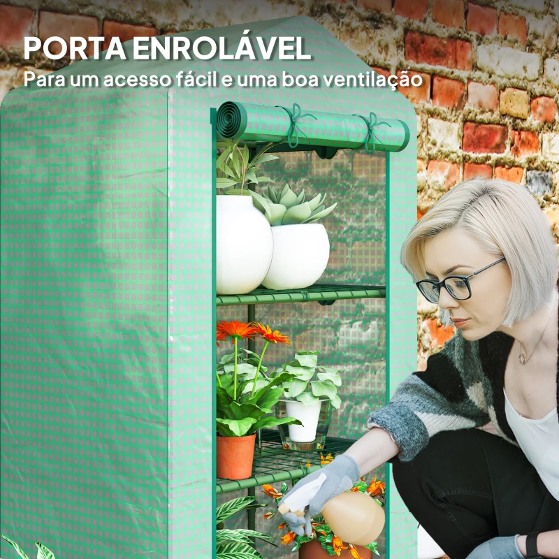Outsunny Estufa de Jardim de 3 Níveis Porta Enrolável Estrutura Metálica Cobertura de PE Anti-UV 69x49x125 cm Verde