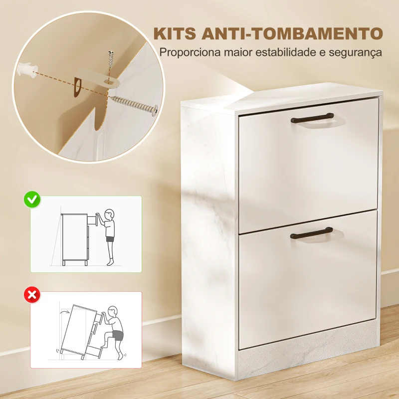 HOMCOM Sapateira Estreita 2 Portas de Alto Brilho com Prateleiras Ajustáveis Design Mármore para 8 Pares de Sapatos 60x24x80 cm Branco