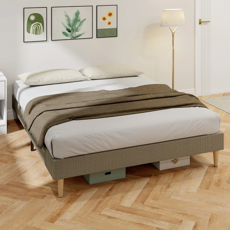 HOMCOM Cadre de lit 160 x 200 cm avec sommier à lattes en bois, lit double rembourré en velours côtelé, gris