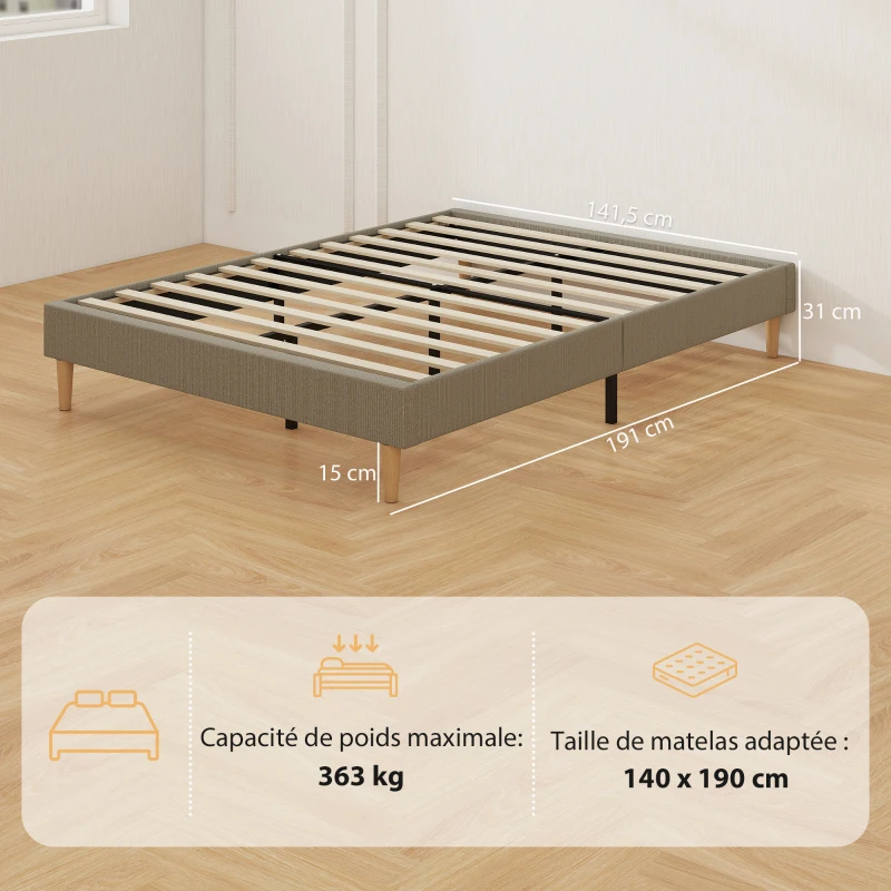 HOMCOM Cadre de lit 140 x 190 cm avec sommier à lattes en bois, lit double rembourré en velours côtelé, gris