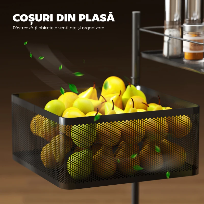 HOMCOM Cărucior de Bucătărie cu 3 Nivele cu Coșuri Rotative din Metal, Roți și Frână, 27,5x27,5x62 cm, Negru