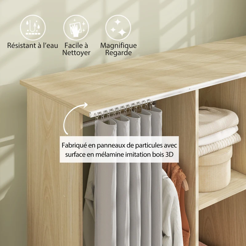HOMCOM Armoire penderie Meuble de Rangement Mobile 6 roulettes 120L x 40l x 128H cm en bois naturel