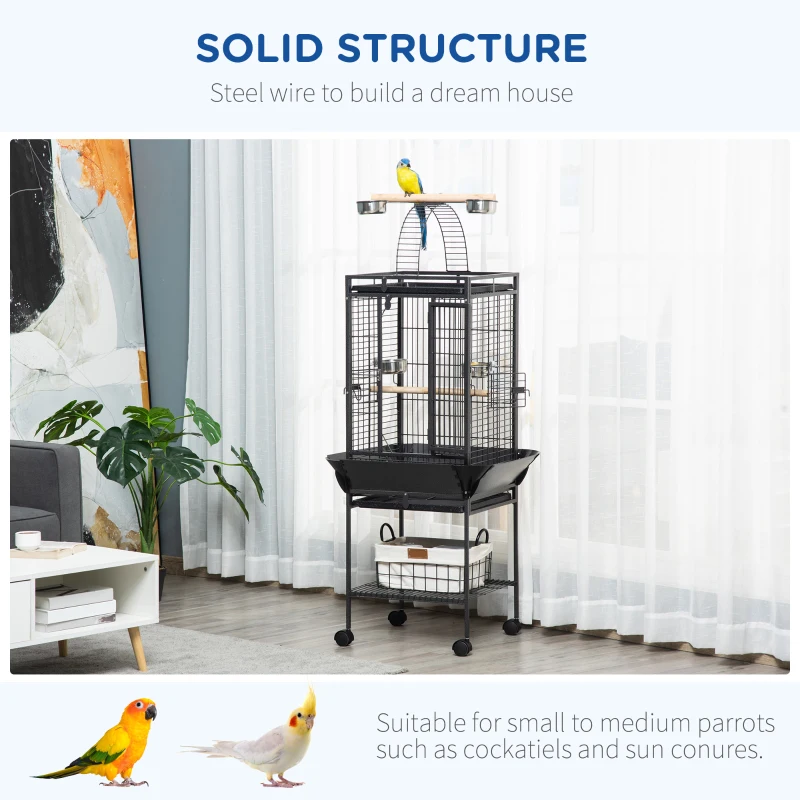 PawHut 156cm Bird Cage,Large Parrot Cage with Open Play Top, Perch, Seed Guard, Wheels, Storage Shelf, Dark Grey