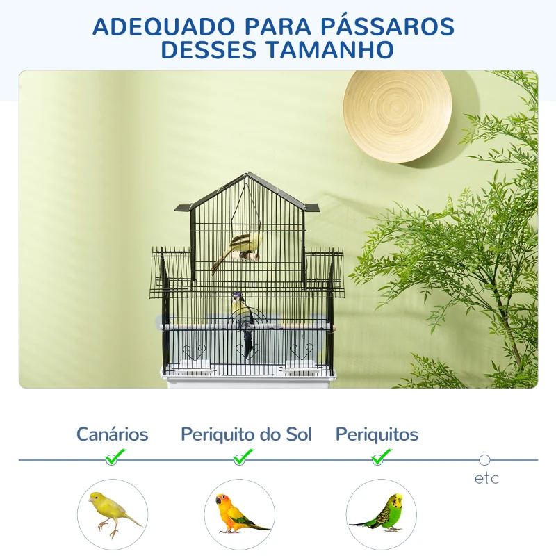 PawHut Gaiola para Pássaros de Aço com Bandeja Removível e 2 Comedouros, Periquitos e Pintassilgos 50,5x41x63 cm Branco