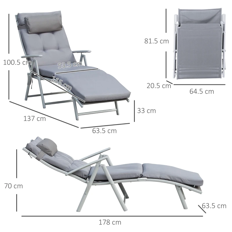 Outsunny Patio Sun Lounger Garden Textilene Foldable Reclining Chair Adjustable Recliner with Cushion Pillow - Grey