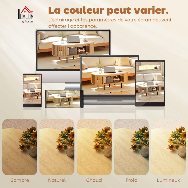 HOMCOM Table basse ovale, table de salon avec rangement, coins arrondis, design lattes, 100 x 50 x 40 cm, effet bois naturel(m-8)