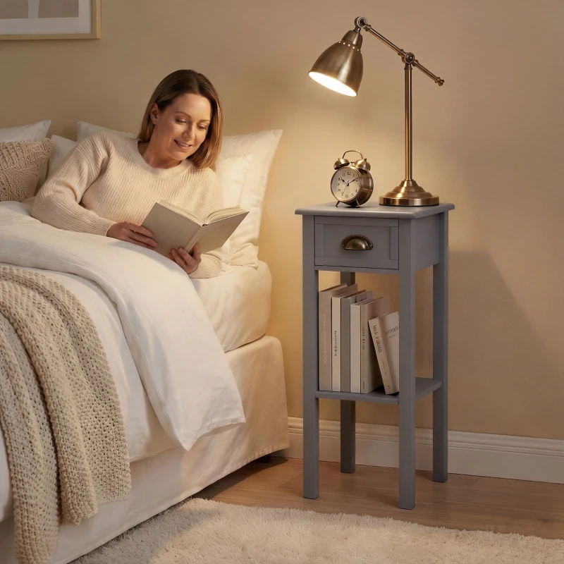 HOMCOM Mesa Auxiliar Estilo Moderno Mesita Auxiliar con Cajón y Estante de Almacenamiento 30x30x75 cm Gris