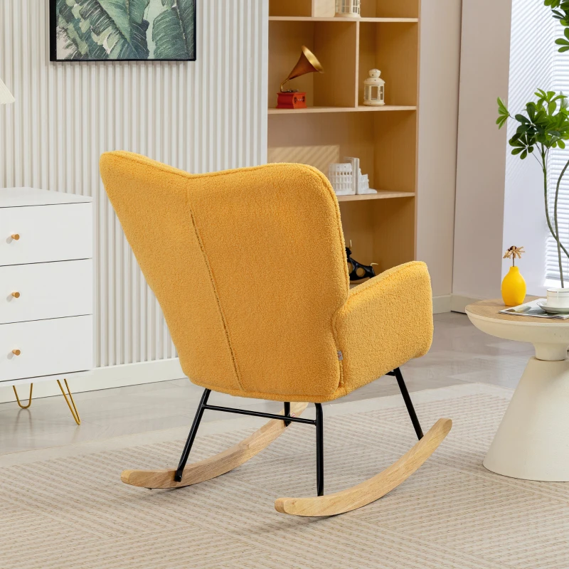 HOMCOM Silla Mecedora de Borreguito Sillón Balancín Oscilante 40° con Patas de Madera de Haya Carga 120 kg 71x98x101cm Amarillo