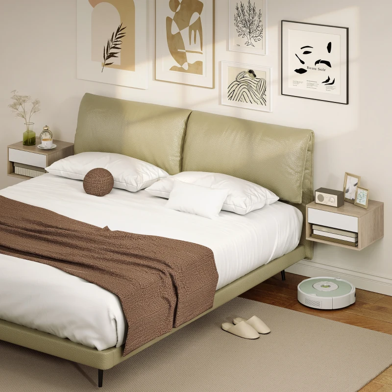 HOMCOM Lot de 2 tables de chevet murales, tables de nuit, tiroir, compartiment ouvert, plateau, 37 x 32 x 21 cm, bois naturel