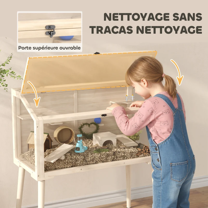 PawHut Cage hamster habitats pour rongeur bois FSC toit ouvrable 7 plateformes 2 balançoires 110x52x101cm effet bois naturel