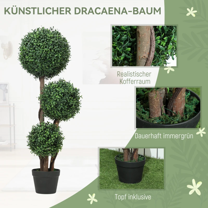 HOMCOM Kunstplant Buxusbol drievoudig, kunstplant met houten stam in pot, 30 x 30 x 100 cm, Groen
