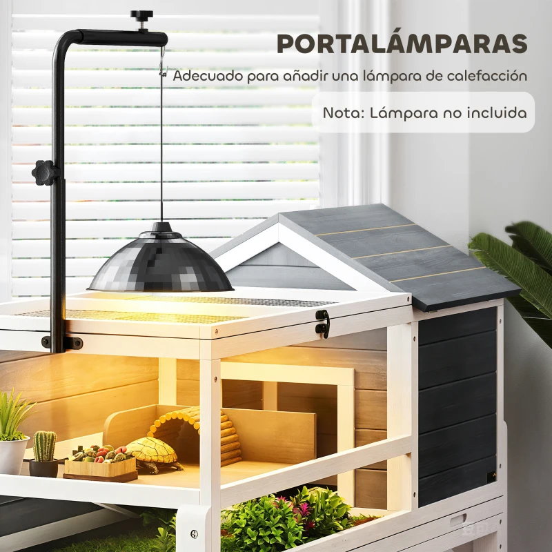 PawHut Casa para Tortugas de Madera con Soporte para Lámpara Ajustable Techos Abatibles Bandeja Extraíble y Estante Inferior