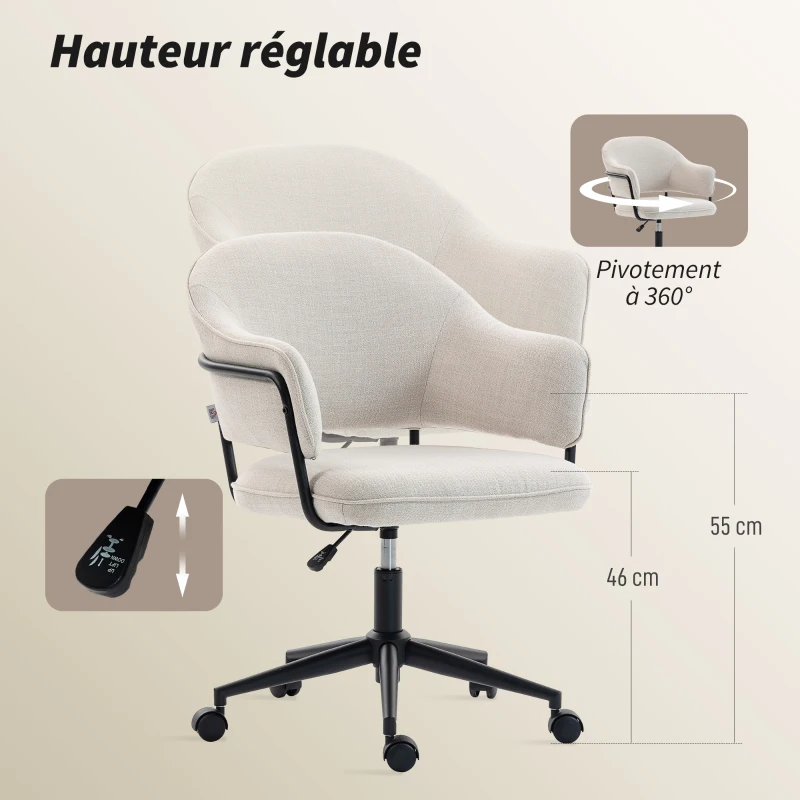 HOMCOM Chaise bureau ergonomique, fauteuil de bureau avec hauteur réglable, pivotant 360°, 63 x 65 x 83-92 cm, crème