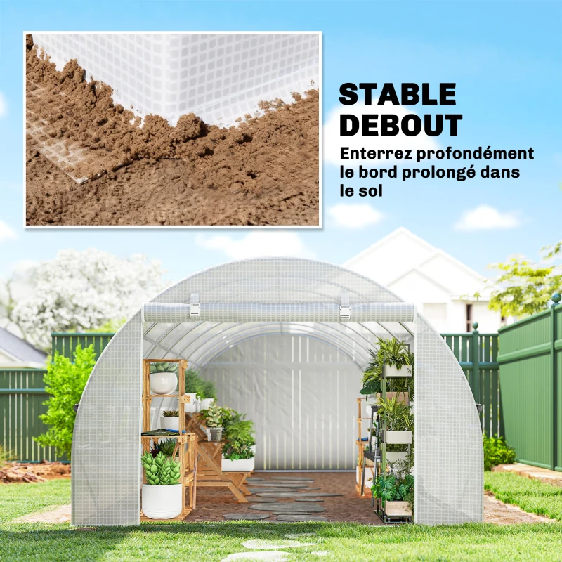 Outsunny Serre de jardin tunnel 24m² 8L x 3l x 2H m - 16 fenêtres, Porte zippée enroulable acier galvanisé, bâche PE, Blanc