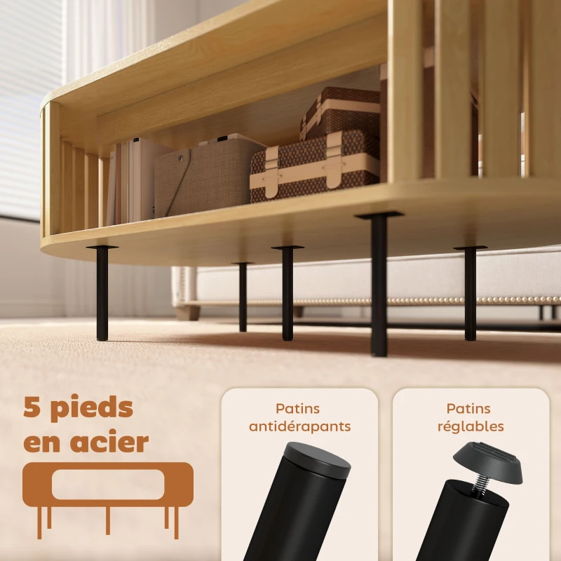 HOMCOM Table basse ovale, table de salon avec rangement, coins arrondis, design lattes, 100 x 50 x 40 cm, effet bois naturel(m-7)