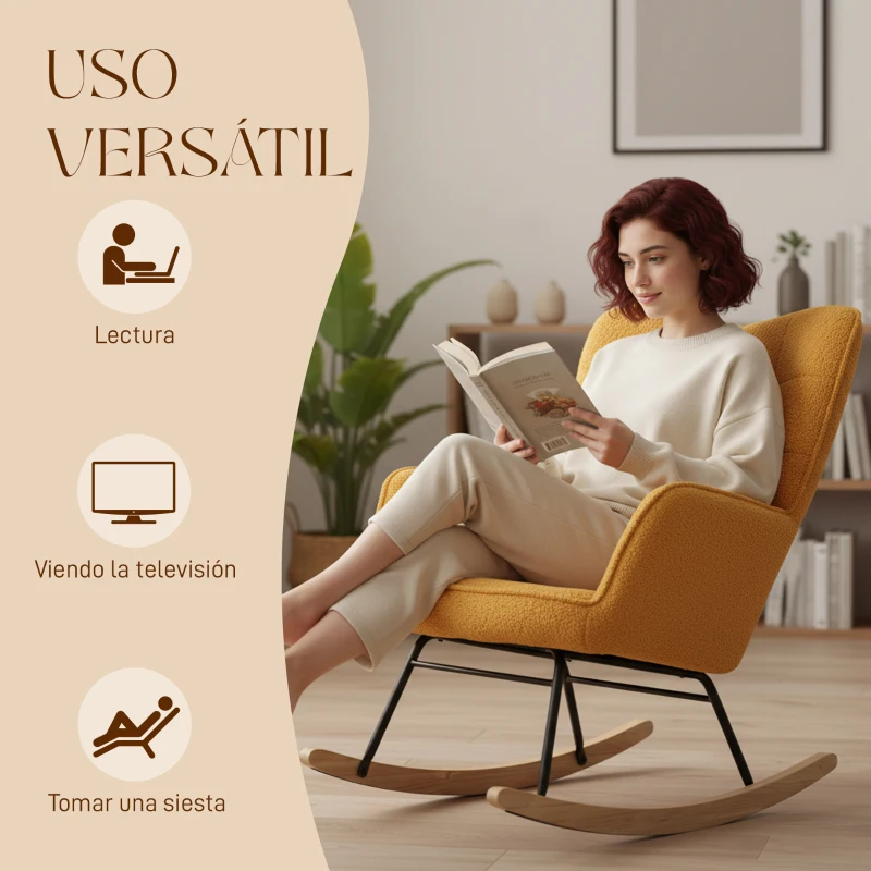 HOMCOM Silla Mecedora de Borreguito Sillón Balancín Oscilante 40° con Patas de Madera de Haya Carga 120 kg 71x98x101cm Amarillo