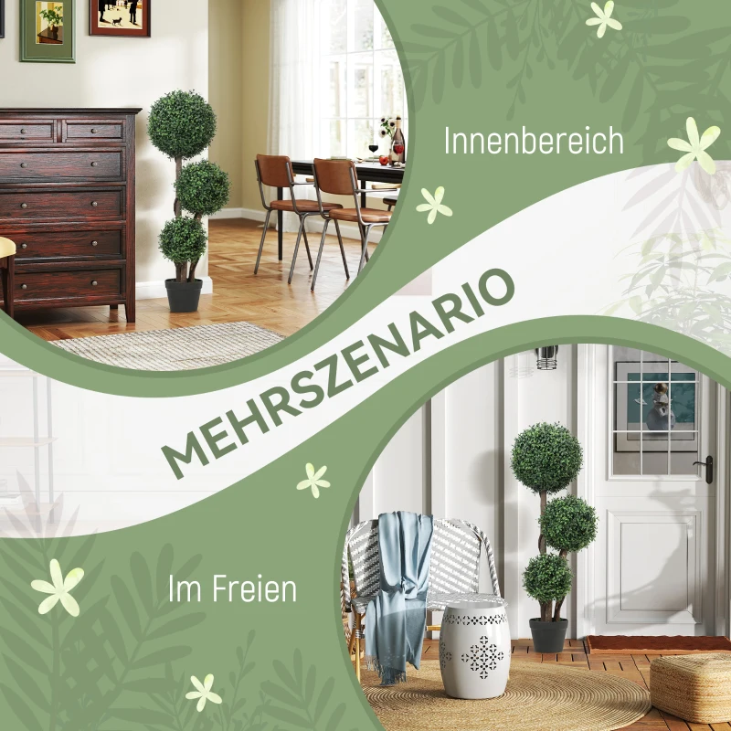 HOMCOM Kunstplant Buxusbol drievoudig, kunstplant met houten stam in pot, 30 x 30 x 100 cm, Groen