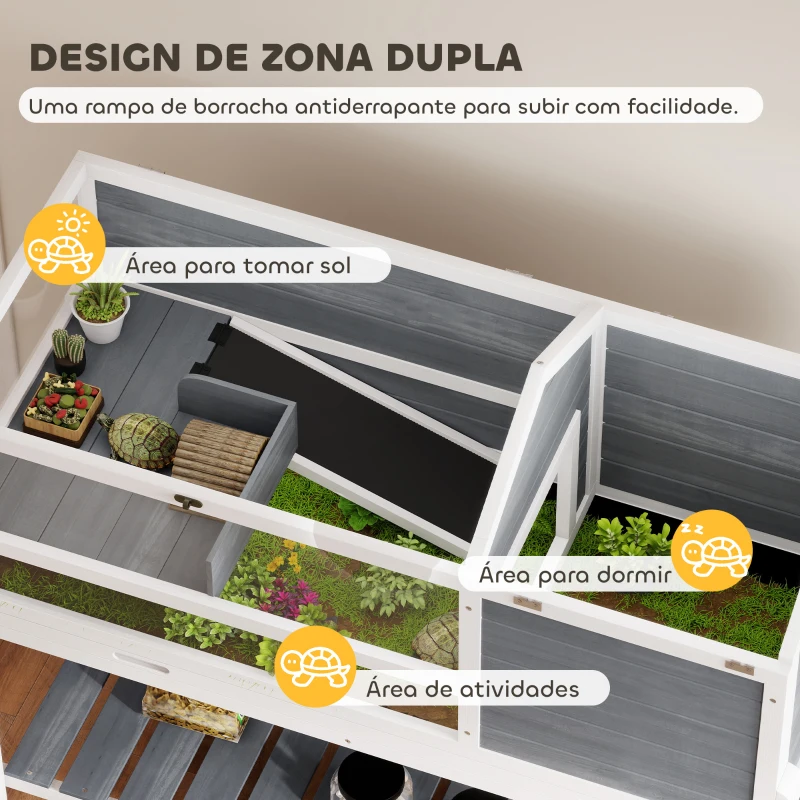 PawHut Casa para Tartarugas de Madeira Terrário para Répteis com Suporte para Lâmpada Ajustável Bandeja Removível 124x55x109 cm Branco e Cinza