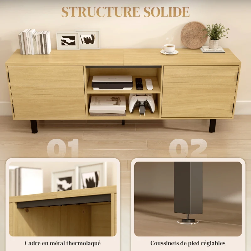 HOMCOM Meuble TV, meuble télé jusqu'à 65 pouces, 2 portes à ouverture par pression et 2 étagères, 160x35x55,5cm, bois naturel