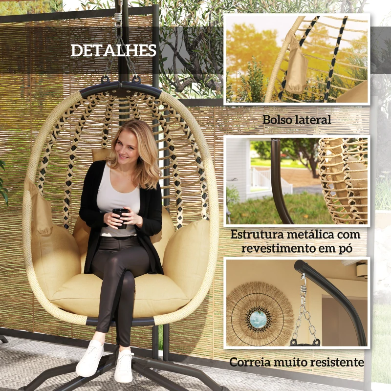 Outsunny Cadeira Suspensa com Suporte Cesto Dobrável Almofada e Apoio de Cabeça para Interior e Exterior Capacidade 120 kg Bege