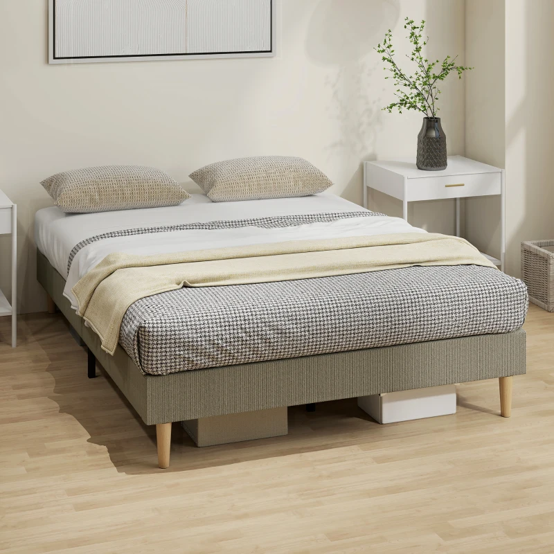 HOMCOM Cadre de lit 140 x 190 cm avec sommier à lattes en bois, lit double rembourré en velours côtelé, gris