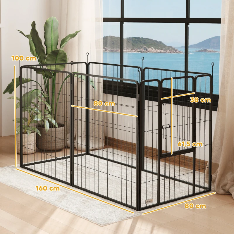 PawHut Parque para Cães com 6 Painéis de 100 cm de Altura com Porta para Interior e Exterior Preto