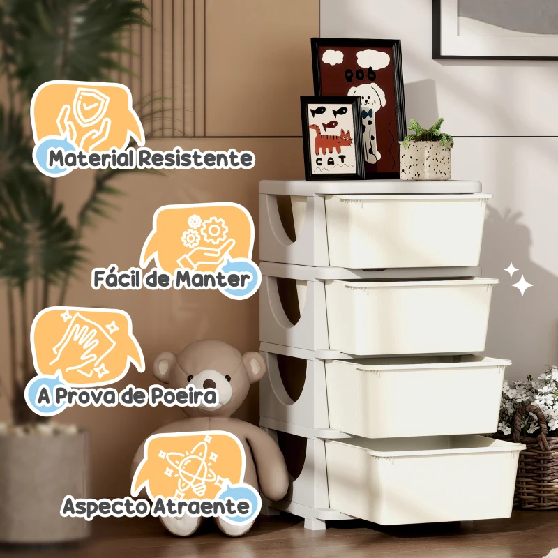 HOMCOM Organizador de Brinquedos com 4 Gavetas Torre de Arrumação para Crianças +3 Anos Cantos Arredondados e Pegas 37x37x76 cm Creme