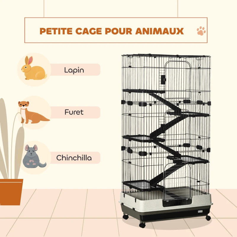 PawHut Cage pour lapin enclos à 5 niveaux avec 3 portes 5 rampes plateau amovible roulettes 81 x 52,5 x 159 cm noir et gris