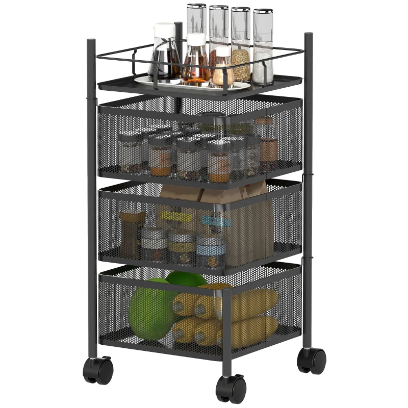 HOMCOM Cărucior de Bucătărie cu 3 Nivele cu Coșuri Rotative din Metal, Roți și Frână, 27,5x27,5x62 cm, Negru