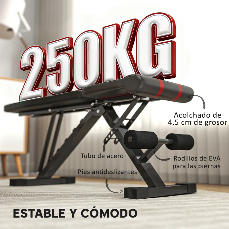 SPORTNOW Banco de Musculación Ajustable Plegable con Respaldo y Asiento Regulables Estructura de Acero y Rodillos para Piernas
