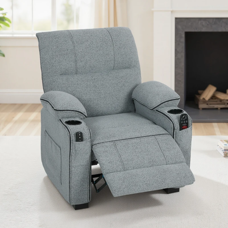 HOMCOM Electric Massage Recliner Armchair with Vibration, Heat, Whisper-Quiet Motor, Memory Function, Velvet Power Reclining Chair with Spring Pack, USB Port, Footrest, Side Pocket, Cup Holders, Grey