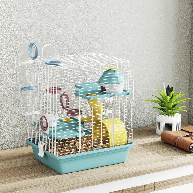 PawHut Cage hamster, cage rongeur à 3 niveaux, avec roue d'exercice, tunnel de jeu, gamelle, cabane, 34,5 x 27,5 x 41 cm, bleu