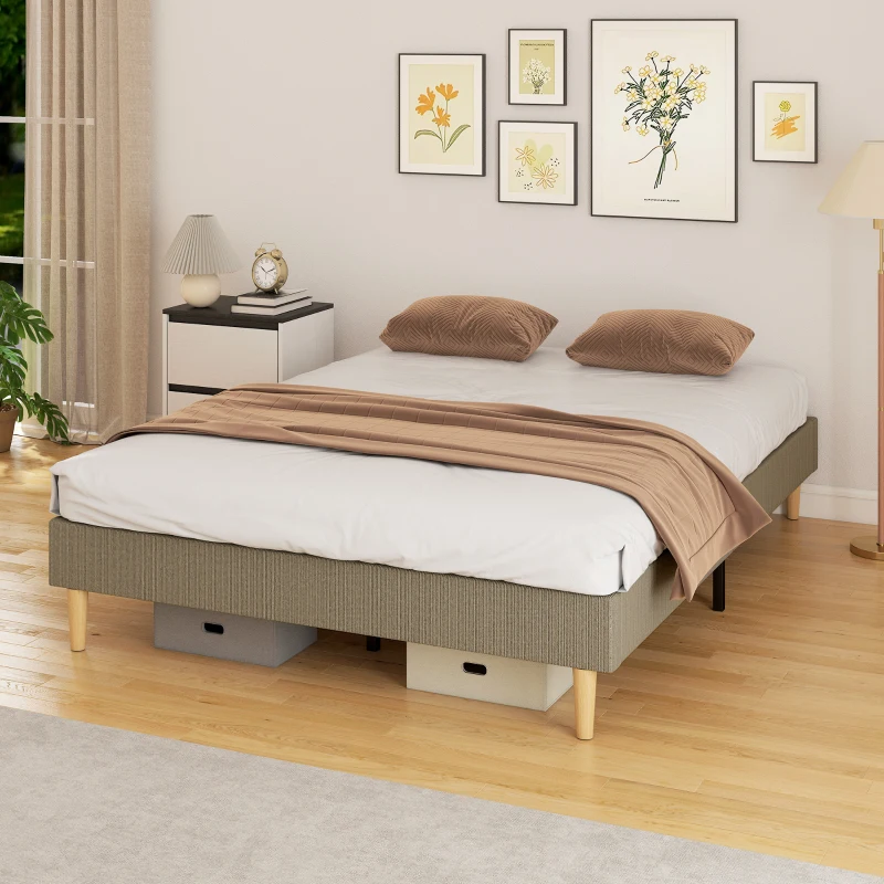 HOMCOM Cadre de lit 140 x 190 cm avec sommier à lattes en bois, lit double rembourré en velours côtelé, gris