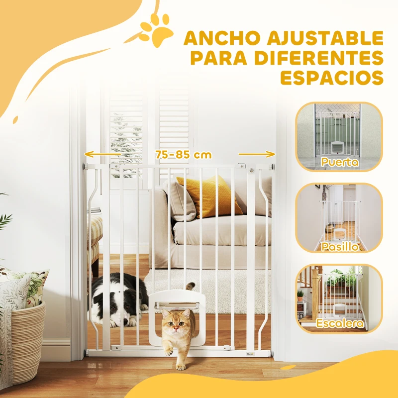 PawHut Barrera de Seguridad para Perros con Puerta Pequeña para Escaleras y Puertas 75-85 cm con Doble Bloqueo Blanco