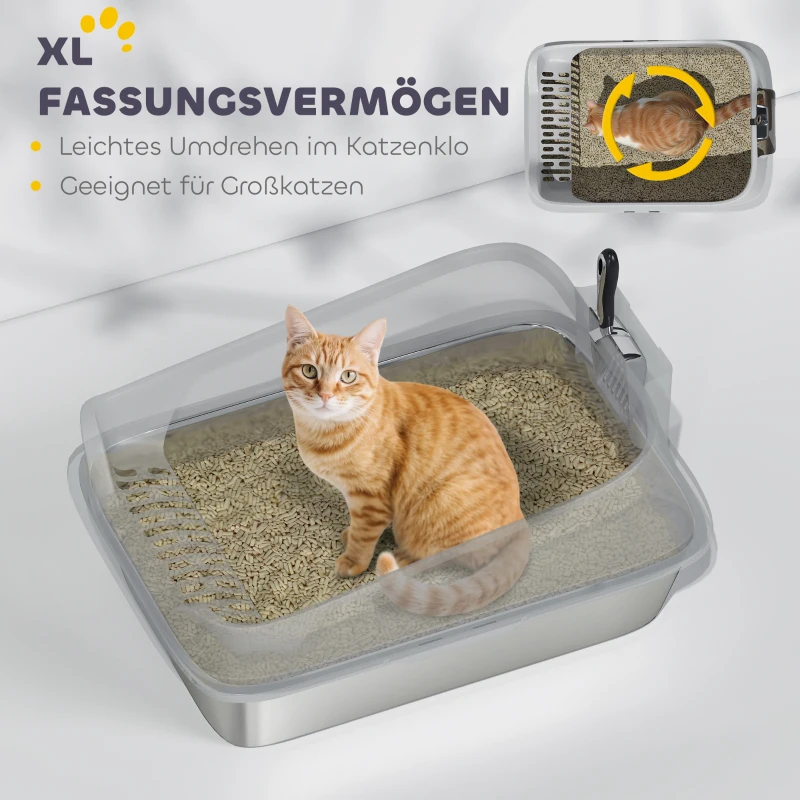 PawHut Kattenbak RVS open kattenbak met schep hoge rand voor grote katten tot 7 kg, 60,2 x 40,2 x 29,7 cm, Grijs