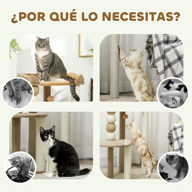 PawHut Árbol Rascador para Gatos con Plataforma Torre Escalador para Gatos con Plataforma Cama Postes Bolas 56x54x86 cm Marrón