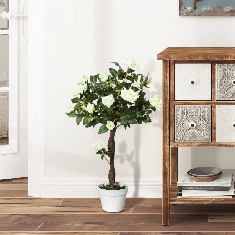 Outsunny 90cm/3FT Artificial Rose Tree Fake Decorative Plant w/ 21 Flowers Pot Indoor Outdoor Faux Decoration White & Green