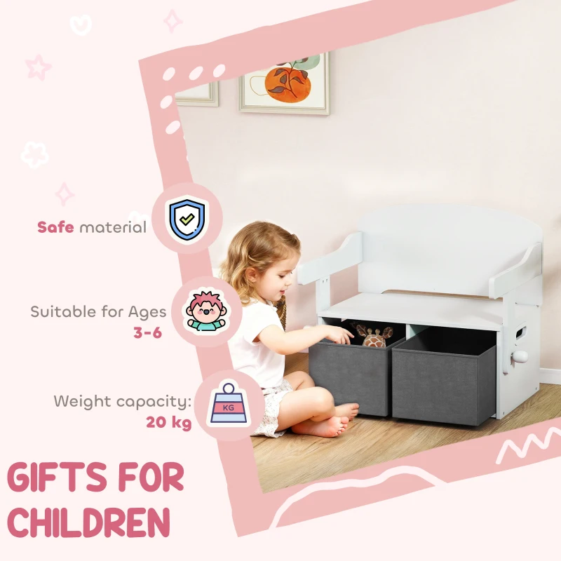 AIYAPLAY 3 in 1 Kids Storage Bench, Convertible Children Table and Chair Set with 2 Fabric Bins, Toy Storage Box, White