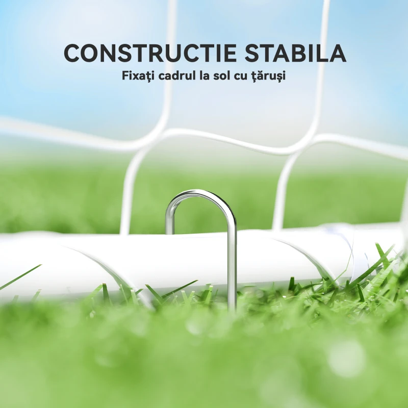 HOMCOM Poartă de Fotbal pentru Grădină și Parc cu 6 Pari în formă de U, din PE și Metal Eposidic, 301x120x200 cm, Alb