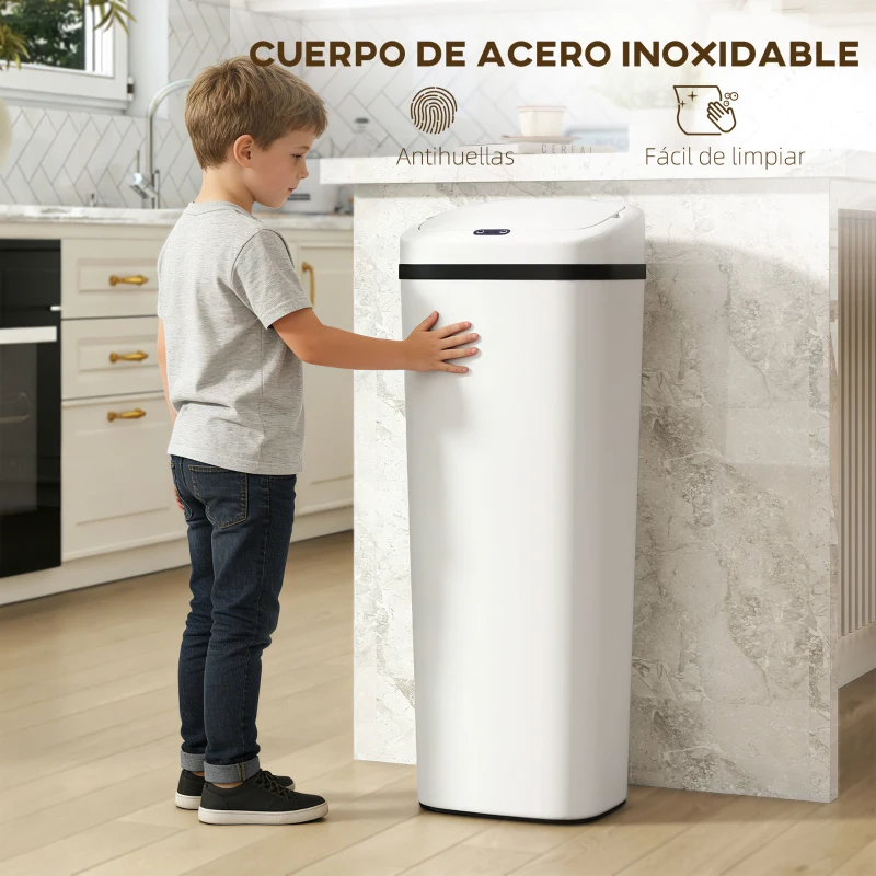 HOMCOM Cubo de Basura Cocina Automático 50 L Estrecha de Acero Inoxidable con Sensor Infrarrojo Modo Manual Antihuellas Blanco