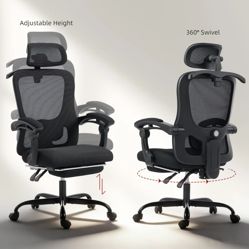 HOMCOM Sedia da ufficio ergonomica in rete con poggiatesta e supporto lombare, 64x64x124 cm, Nero