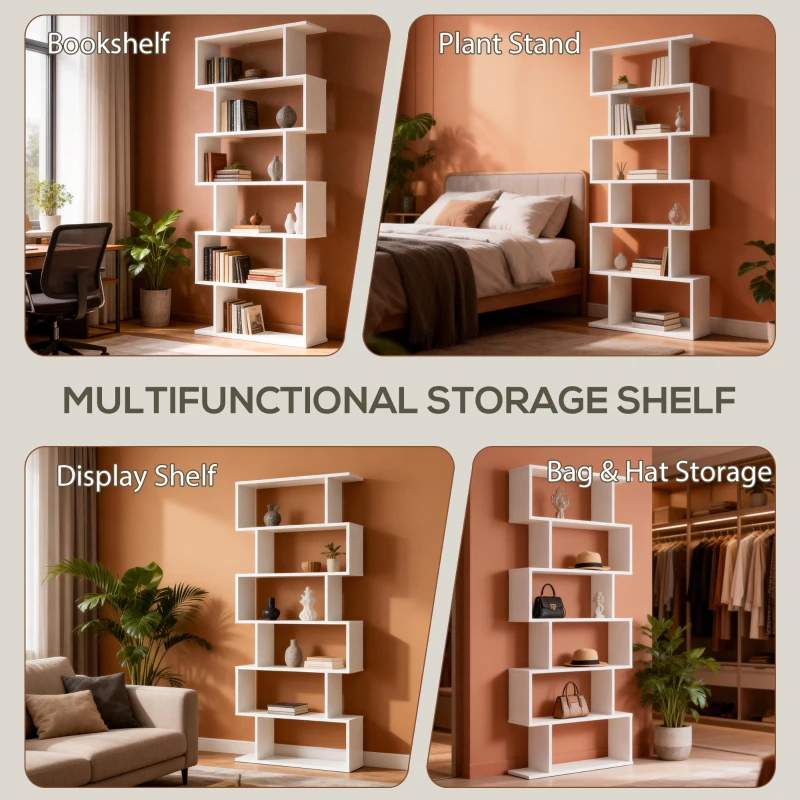 HOMCOM Estantería para Libros Moderna Librería con 6 Estantes para Comedor Salón Estudio 80x23x192 cm Blanco