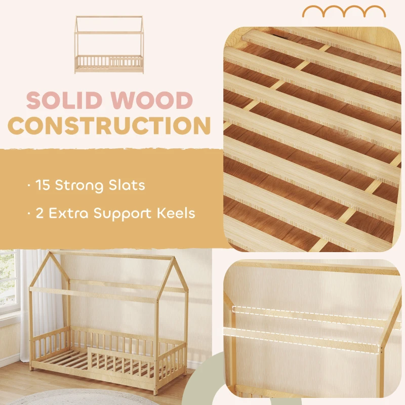 HOMCOM House-Shaped Kids Bed Frame with Guard Rails, Solid Pine Wood Single Bed Frame for Kids Boys and Girls, Natural