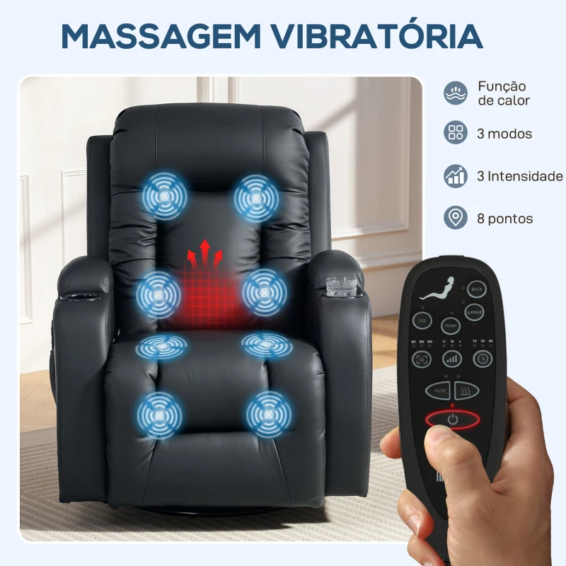 HOMCOM Poltrona de Massagem Reclinável até 145° com 8 Pontos de Massagem por Vibração Função de Aquecimento 82x99x103 cm Preto