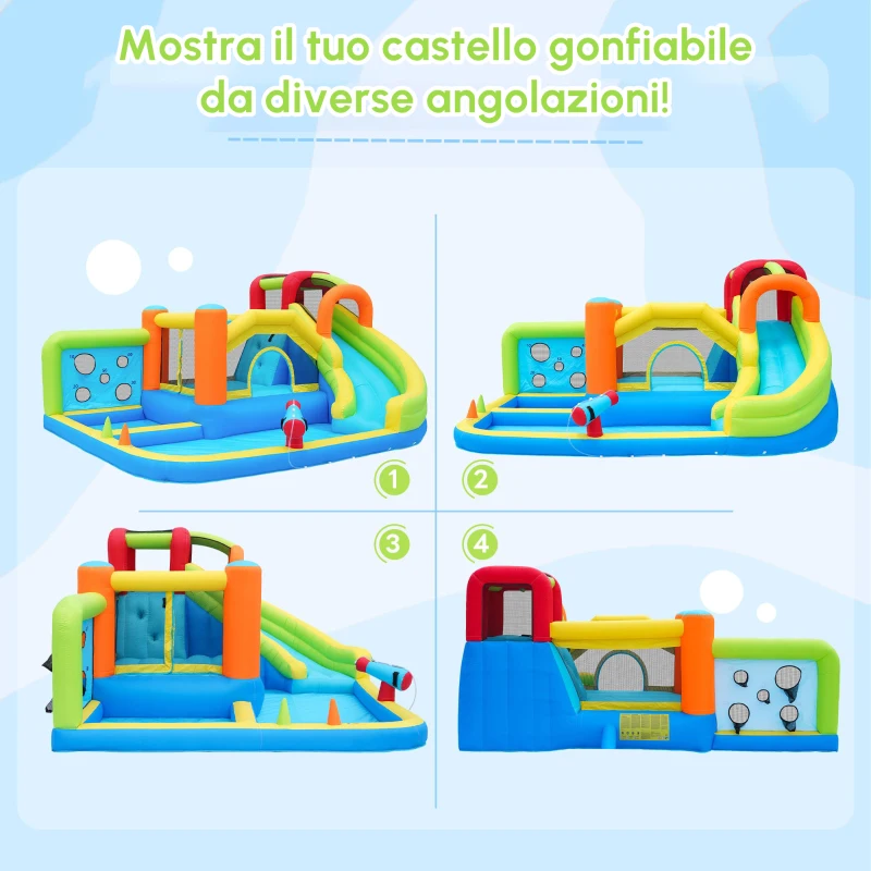 Castello gonfiabile con soffiatore, zona acquatica, canestro da basket e parete da arrampicata, 410x315x203 cm, Blu