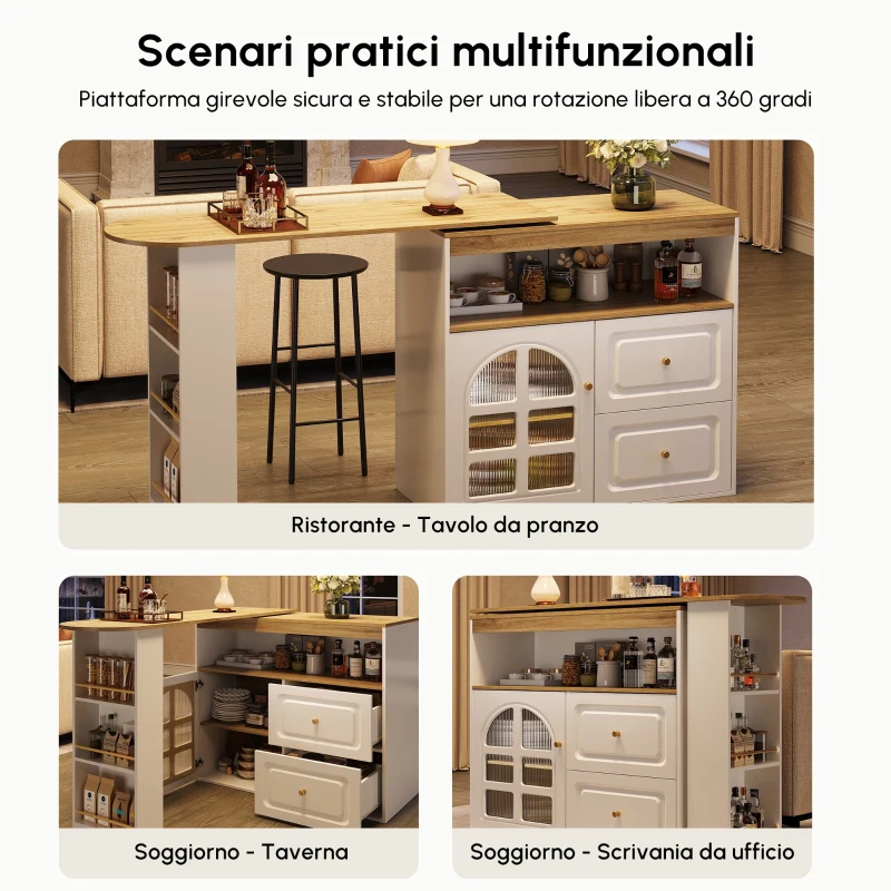 Bancone girevole a 360° con 2 cassetti, ripiano e vetro curvo, 138-204x39x104 cm, Bianco