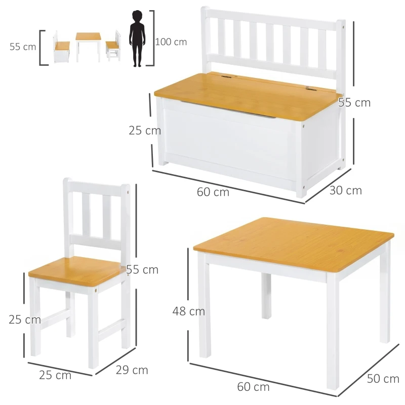 HOMCOM Mesa y Sillas Infantiles de 4 Piezas Mesa Infantil con 2 Sillas y Banco con Almacenaje Juego de Muebles para Actividades para Niños de +3 Años para Dormitorio Sala de Juegos Blanco y Natural