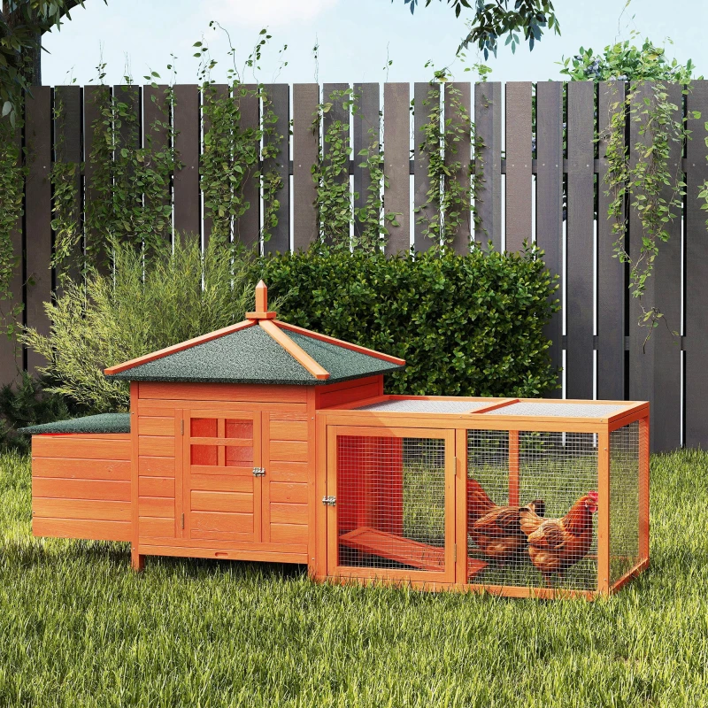 PawHut Gallinero de Madera Exterior Jaula para Gallinas con Nidos Corral Bandeja Extraíble Tapa Abatible 196x76x97 cm Naranja